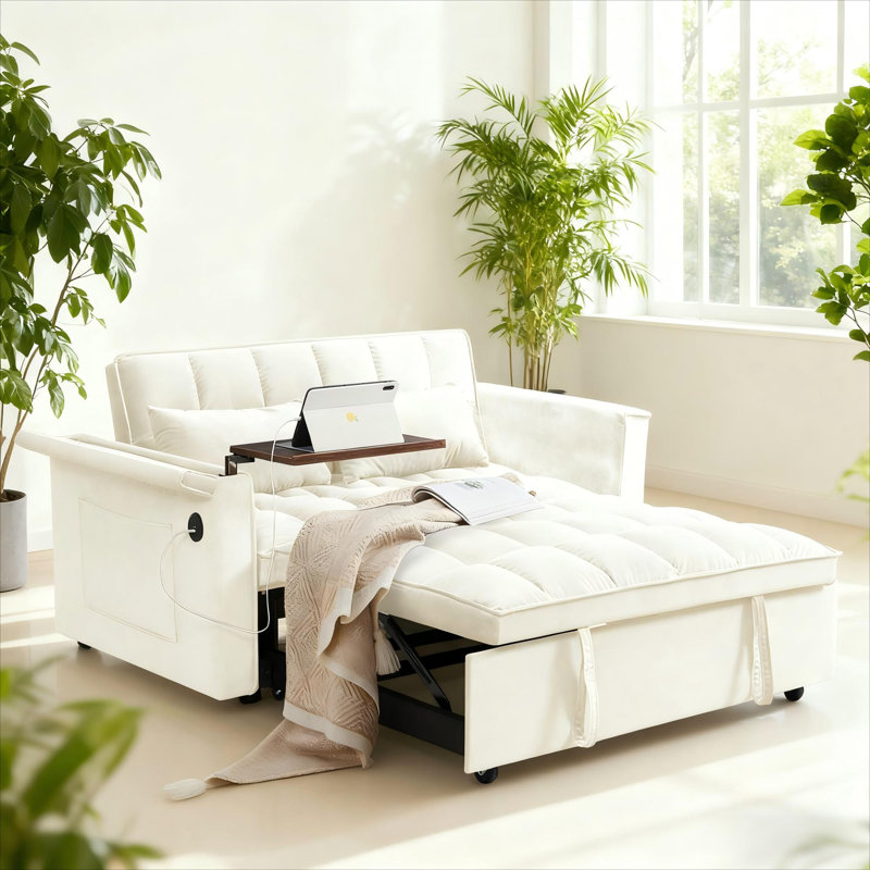 Canapé-lit convertible, canapé-lit en velours 3 en 1, canapé-lit de 55 po avec dossier réglable avec 2 coussins et sac de rangement, port USB et table d'appoint cachée, beige