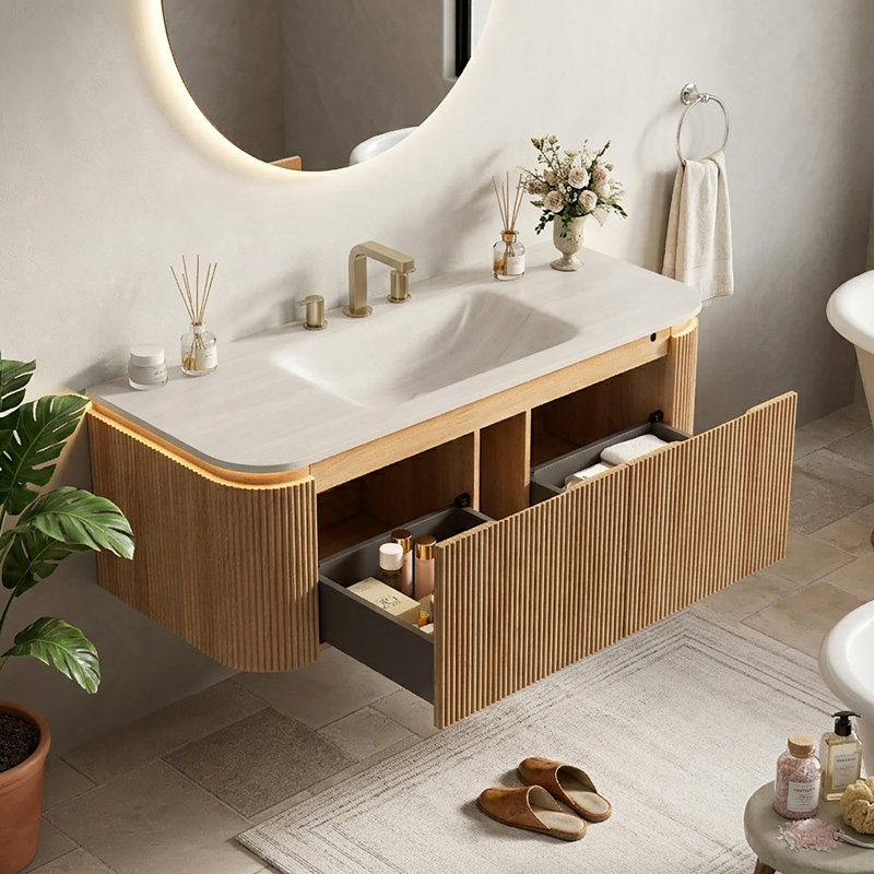 30" Wall Mounted Single Sink Bathroom Vanity with Engineered Marble Top, 48"
