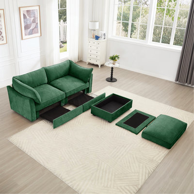 Canapé 2 places avec repose-pieds, canapé 2 places avec 1 repose-pieds mobile, tiroir de rangement coulissant sous chaque siège, vert chenille