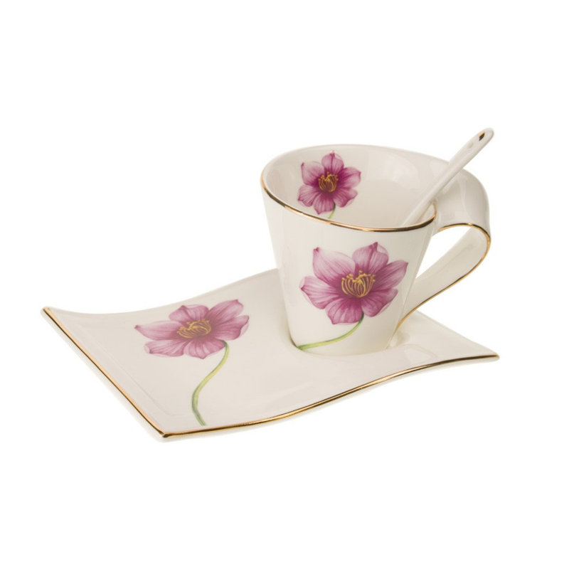 Ensemble 3 pièces de tasse à thé et soucoupes à fleurs en porcelaine