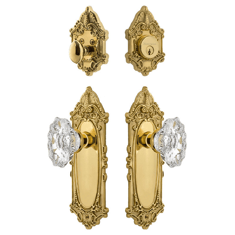 Nostalgic Warehouse Victorian Entry Set with Chateau Crystal Knob, 2.75, Polished Brass