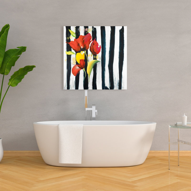 Fleurs rouges sur rayures - Décoration contemporaine sur toile