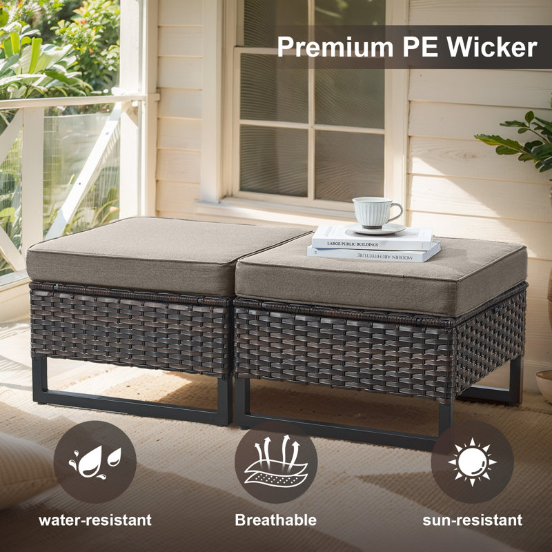 Nazime 74.02" Wide Outdoor Wicker Patio Sofa with Cushions and Ottomans, Gray, Brown