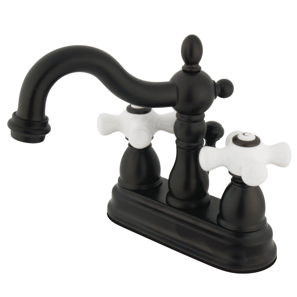 Kingston Brass Heritage Two-Handle 3-Hole Deck Mount 4" Centerset Bathroom Faucet with Plastic Pop-Up, Oil Rubbed Bronze