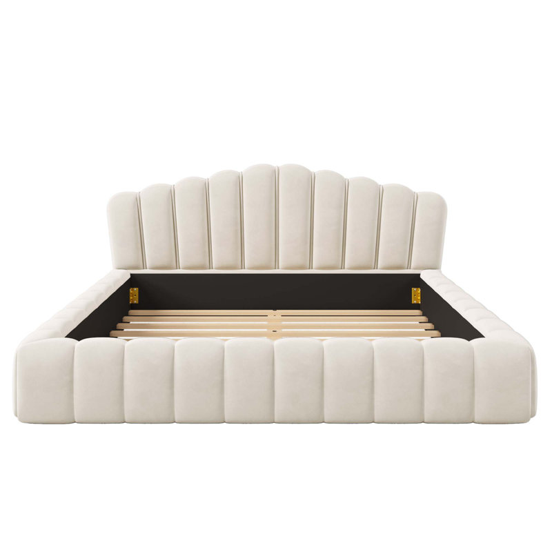 Velvet Upholstered Bed Frame Floor Bed Shell-Shaped Headboard