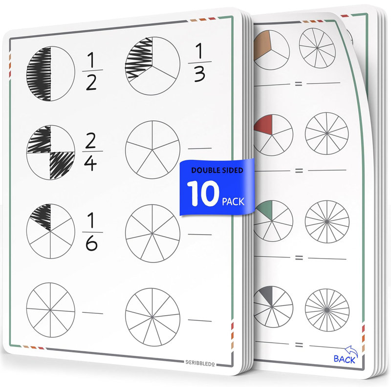 Scribbledo Fraction Manipulatives 9”x12” Small White Board Dry Erase Sheets 