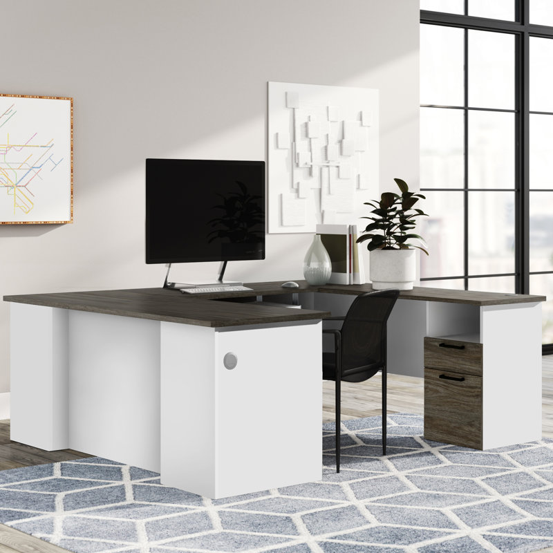 Bureau de direction en U réversible avec prises intégrées Ocke, Noir / gris écorce