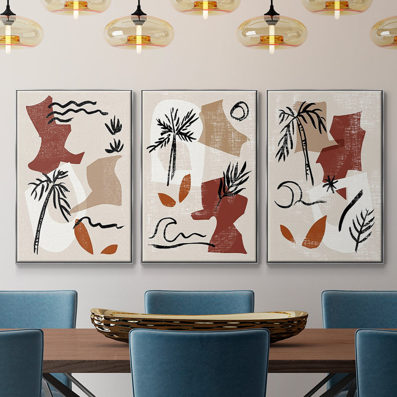 «Soft Palms I», reproduction sur toile 3 pièces, H 27 po x l 54 po x P 2 po, Encadrement argenté