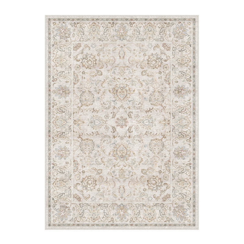 Elara Vintage Floral Machine Washable Area Rug With Non-Slip Backing, Rectangle 8' x 10', Gray