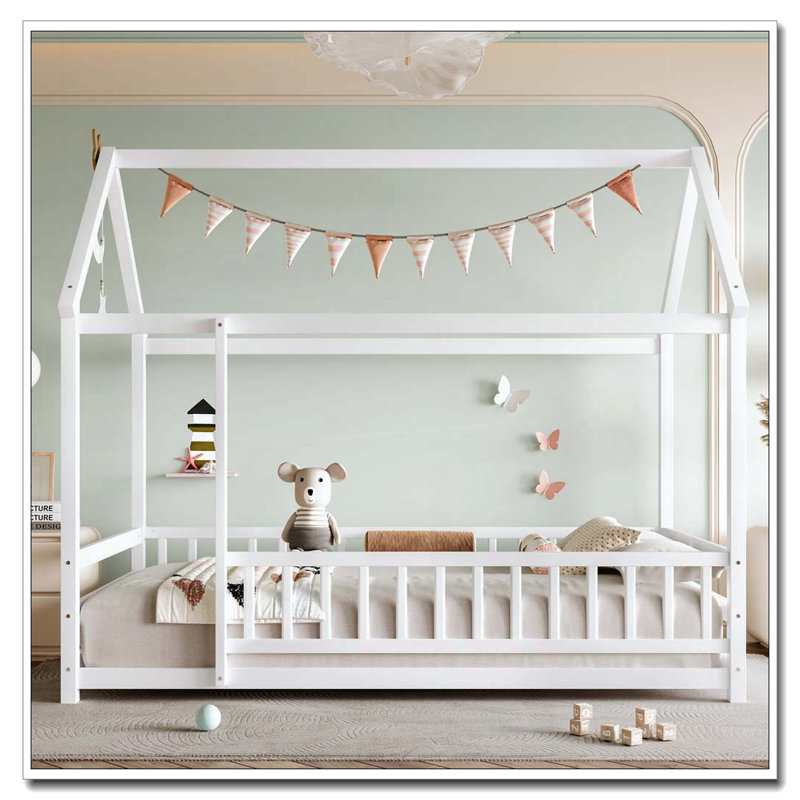 Lit simple en bois avec structure de toit, Blanc