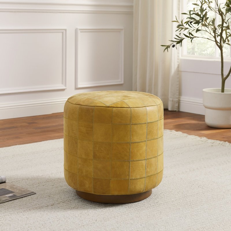 Archer 16.14"W Tufted Full-Grain Genuine Leather Upholstered Round Ottoman Footrest Pouf, Light Brown
