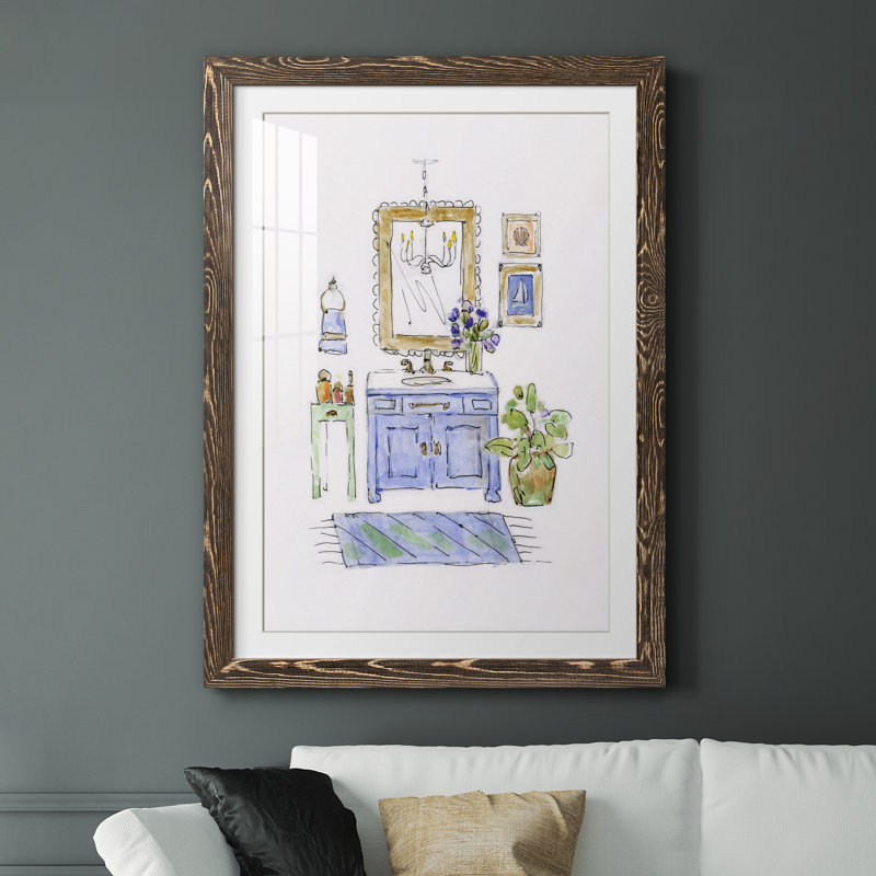 «Sketchy Bath II» - peinture encadrée, H 37,5 po x l 27,5 po x P 1,5 po, Encadré de bois de noyer