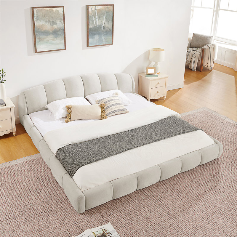 Très grande base de lit tapissier très grande taille en chenille, tête de lit épaisse courbée et pied de lit enveloppé, lit de plancher à profil bas, aucun sommier requis, assemblage facile