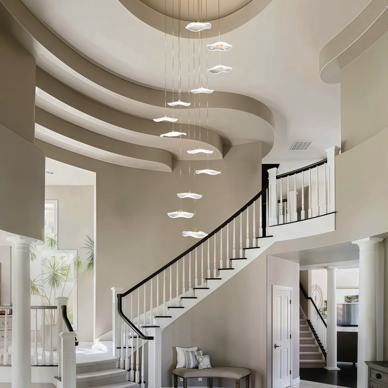 Lustre long avec escalier 118 "pour hauts plafonds, luminaires suspendus modernes à DEL dorés avec abat-jour feuille de lotus, lustre spiralé linéaire doré pour vestibule à double hauteur