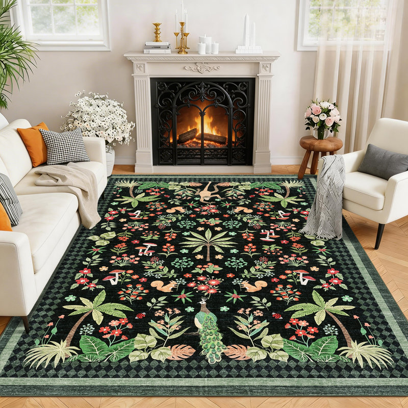 Tapis pour animaux Jungle 5 x 7, Noir, vert et rouge, Rectangle 5 pi x 7 pi