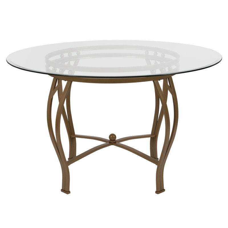 Table de salle à manger ronde en verre avec cadre en métal arqué Syracuse, Doré, H 29,5 po x l 48 po x P 48 po