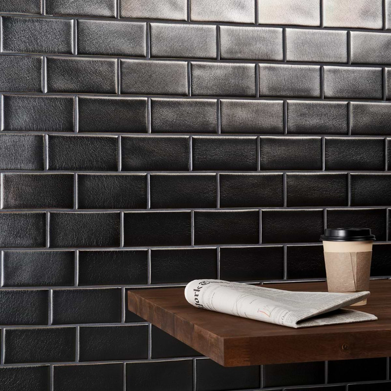 Nabi Subway 3X6 Crackled Glossy Glass Tile, Metallic Gunmetal