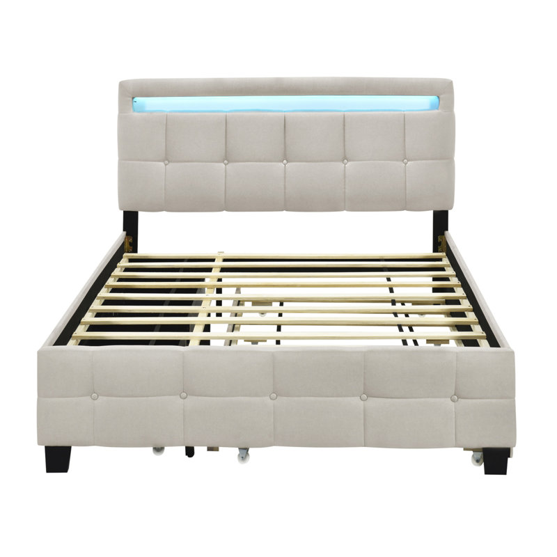 Upholstered Platform Bed With LED Frame and 2 drawers, Twin, Beige