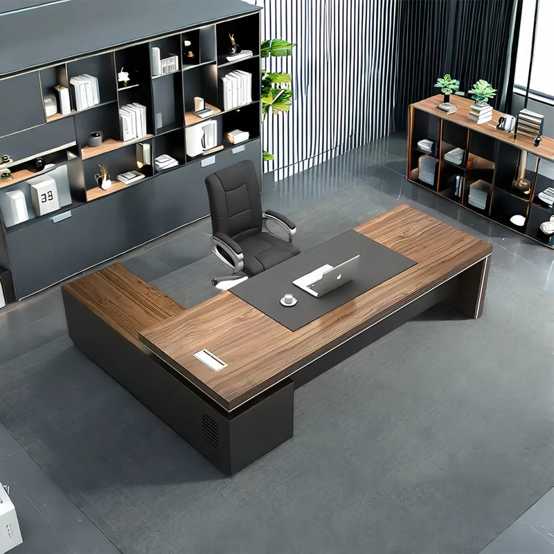 Iser Office computer desk, walnut and dark grey modern executive desk with side lockers