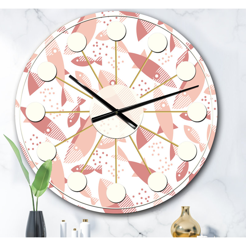 Motif de poissons roses - horloge murale moderne Mid-Century, Surdimensionné