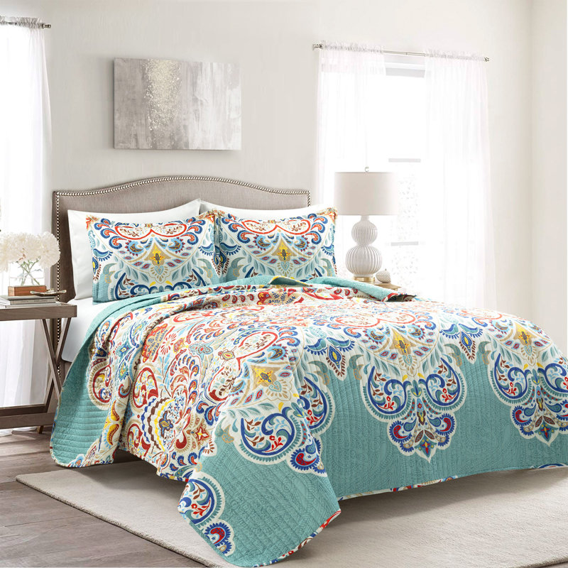 Seafoam and Red Boho Chic Reversible Cotton Full Quilt Set
