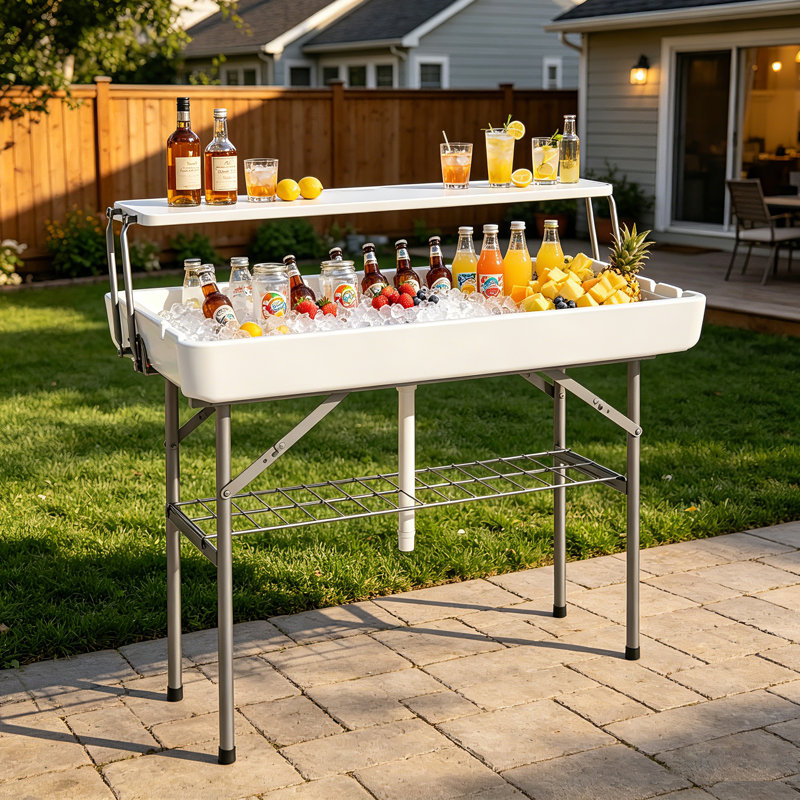 Table de glacière à 2 niveaux de 4 pieds avec jupe et tuyau de drainage, table de glacière extérieure en plastique blanc pour la fête, le camping, le barbecue, le pique-nique