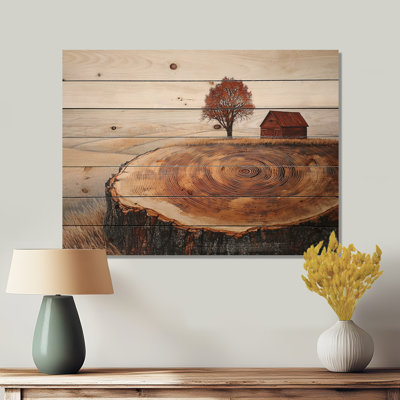 Autumn Barn On A Wooden Slide Landscape I - Barn Wood Wall Decor - On Natural Pine Wood