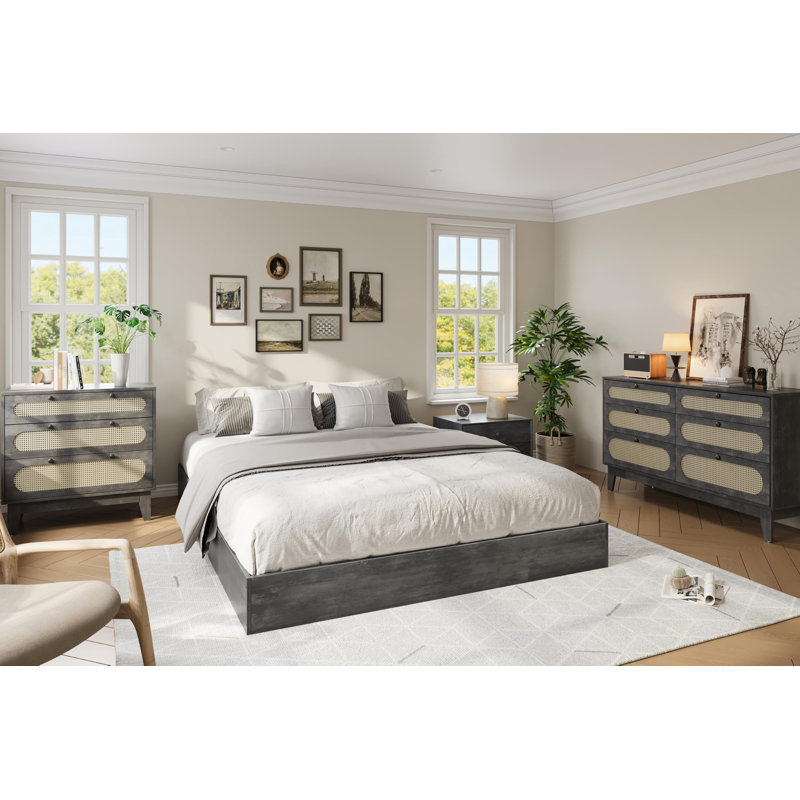 Queen Size Wooden Platform Bed Frame - Sturdy Slat Support, Floor-Standing, Easy Assembly, Space-Saving, No Box Spring - Water-Washed Black