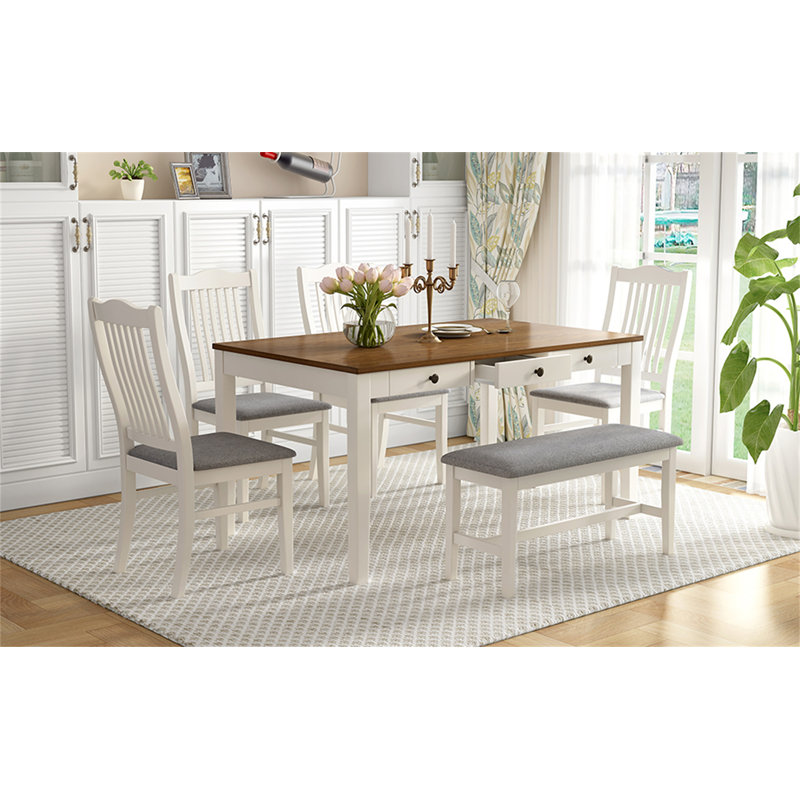 Ensemble de table de salle à manger Mid-Century 6 pièces, Noyer/blanc