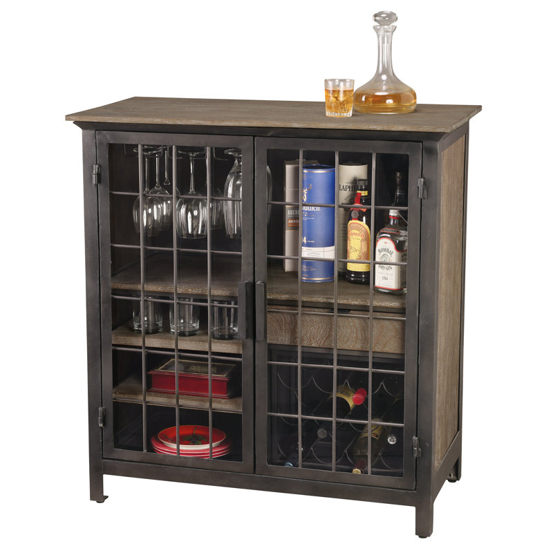 Rustic Black and Brown Metal Wine Bar Cabinet
