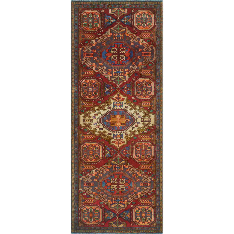 One-of-a-Kind 3'7" x 8'8" 1980s Runner Wool Area Rug in Beige and Blue
