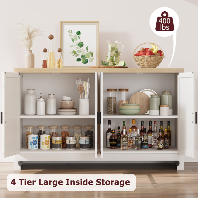 White and Natural Rattan 4-Door Buffet Cabinet with Shelf