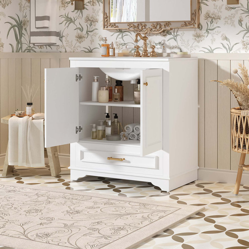 Meuble-lavabo de luxe 30 po avec lavabo en céramique, meuble-lavabo avec 2 grandes portes à fermeture douce, meuble de rangement en bois massif