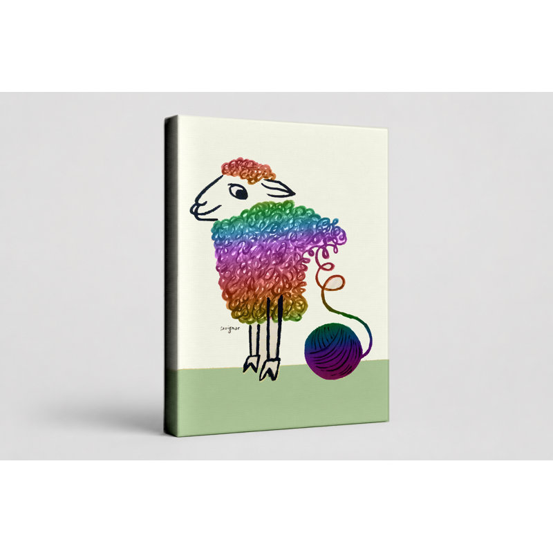 «Rainbow Sheep with Yarn Ball - Portrait, art mural sur toile, 11" W x 14" H