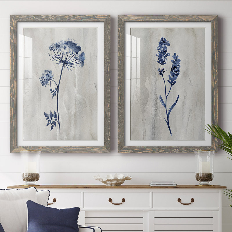 Indigo Botanical I-Premium, reproduction encadrée - prête à être accrochée, H 27,5 po x l 75 po x P 1,5 po, Gris