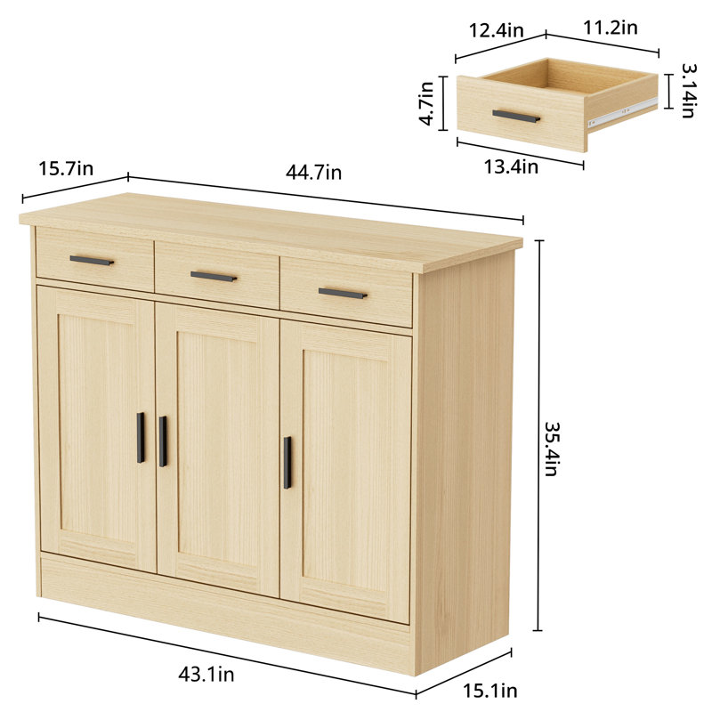Buffet en chêne de 43,3 po de largeur, armoire à café avec 3 tiroirs et 3 portes, buffet de cuisine pour le salon, cuisine