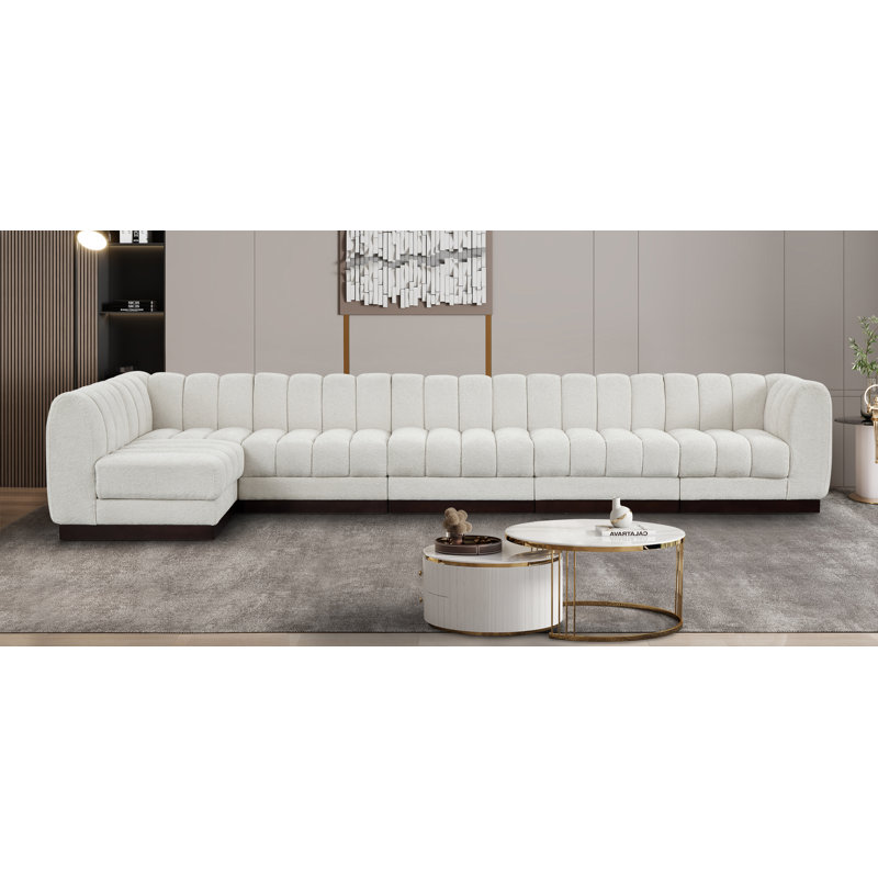 Quinn 6 - Piece Upholstered Sectional, Cream Chenille Fabric