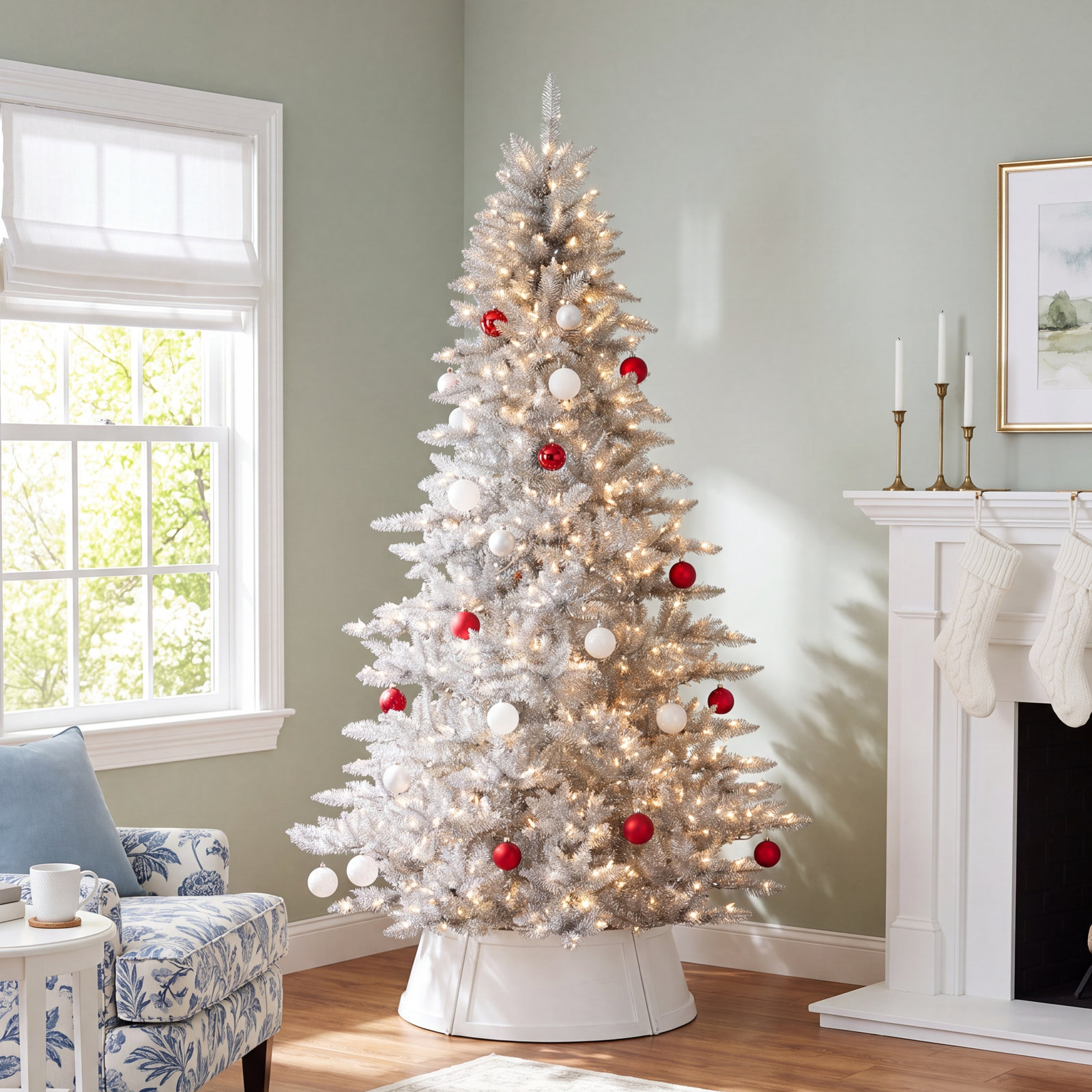 Silver 9' Pre-Lit Fir Christmas Tree, 7.5' H