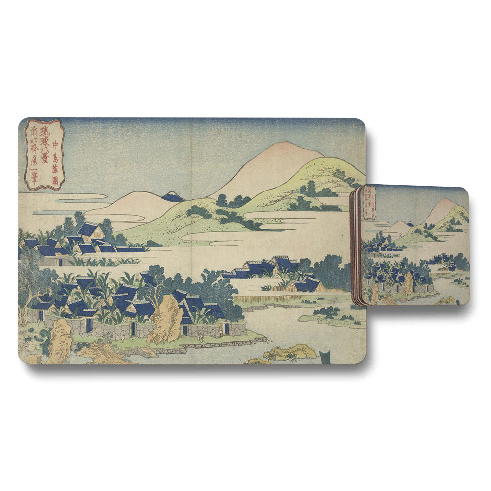 Ukiyoe Style Japanese Landscape Placemats And Coasters Set