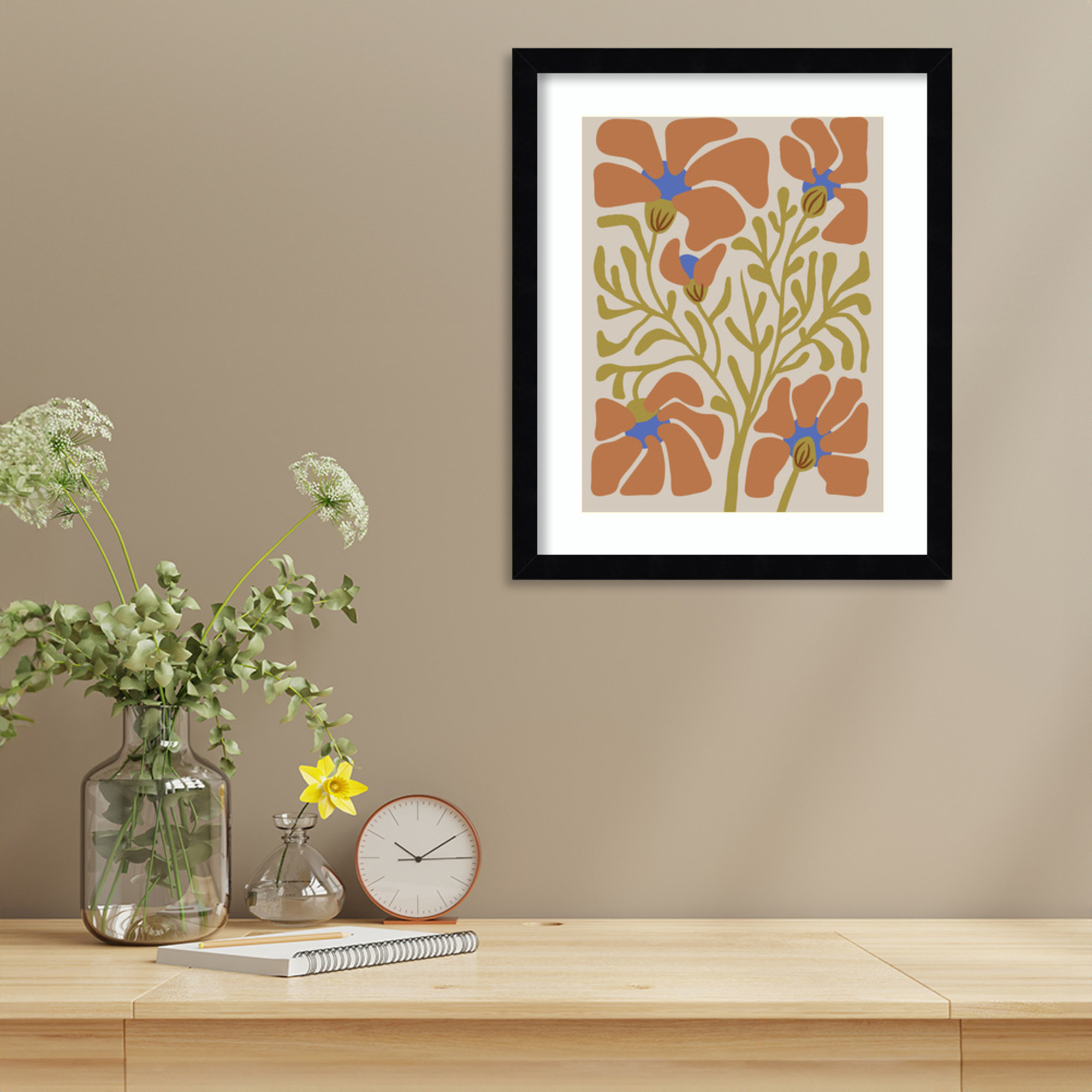 Expressive Abstract House Plant Orange On Tan Framed On Paper by The Creative Bunch Studio Print, Black, 17" H x 14" W x 1" D