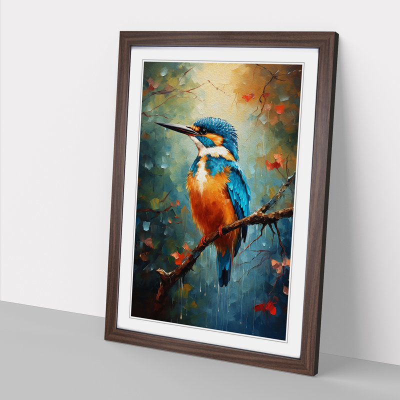 Kingfisher Impressionism No.2 - Single Picture Frame Print on Wood, Walnut, 46cm H x 34cm W x 2cm D