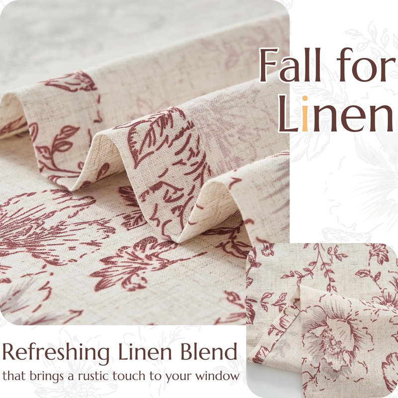 Floral Linen Tie Up Shade Valance, Red, 42" W x 45" L