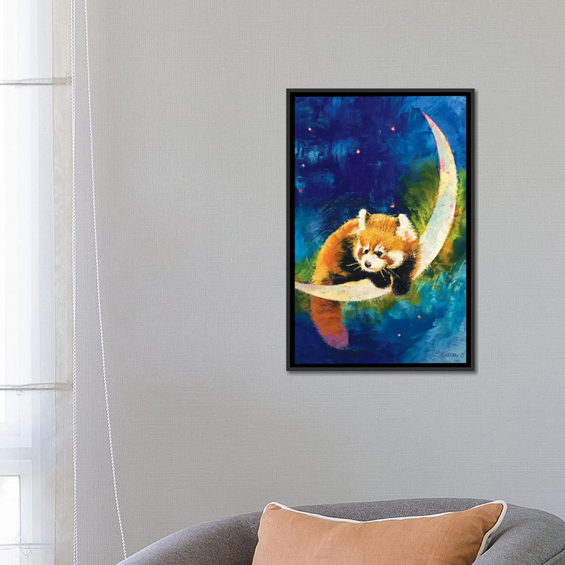 « red panda moon », peinture sur toile tendue, H 26 po x l 18 po x P 1,5 po, Pas de tapis, Toile tendue