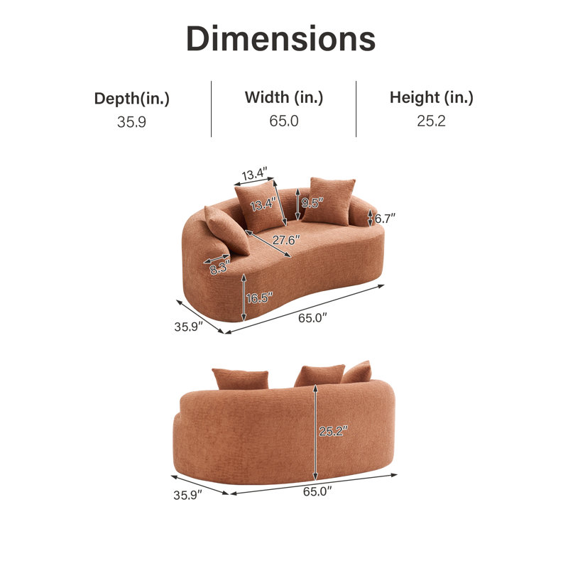 65" Chenille Curved Sofa, Coral