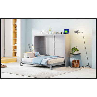 Queen Size Murphy Bed Wall Bed With Gray Finish, Space-Saving Design For Multi-Use Rooms And Small Apartments