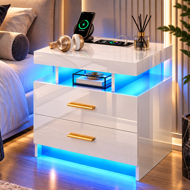 Table de chevet lustrée de 50 cm (19,6 po) de large avec éclairage RVB à capteur et chargeur sans fil, Blanc