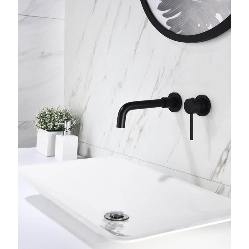 Robinet de lavabo de salle de bain noir mat, levier simple pour un contrôle facile de la température de l'eau, drain escamotable inclus, construit avec un robinet mural en laiton et en acier inoxydable noir, poignée à débit précis