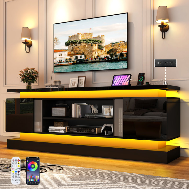 Modern Tv Stand With Led Lights & Built-In Power Outlet – High Gloss Media Console For Tvs Up To 80", Gaming Entertainment Center,  For Living Room,Bedroom