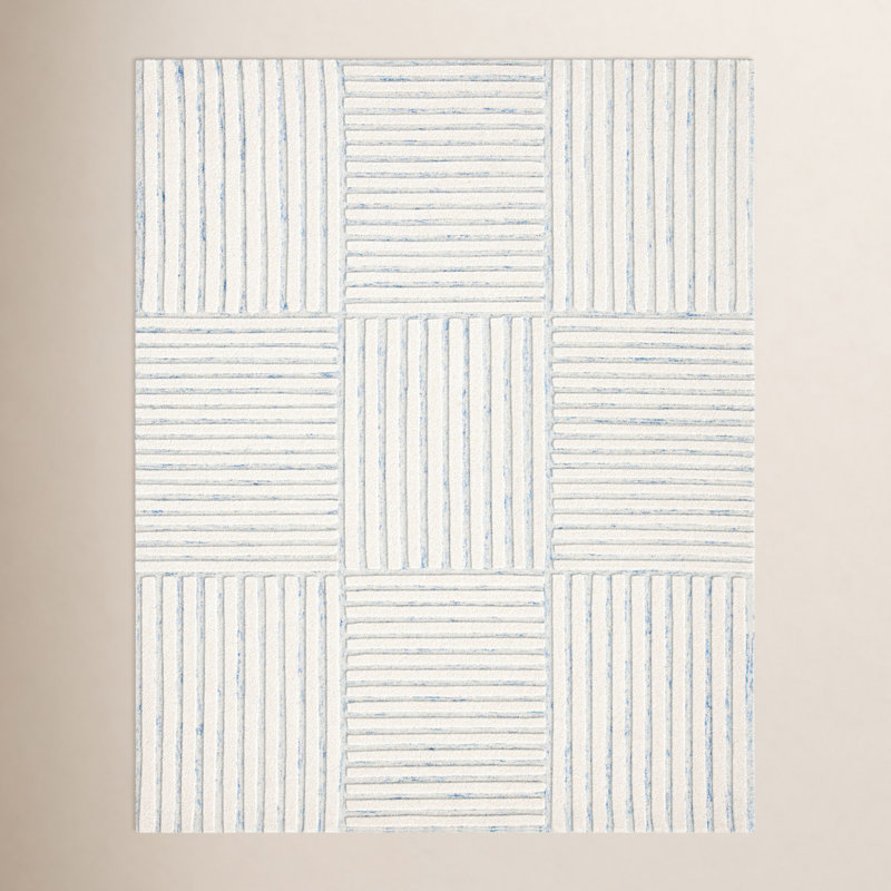 Tapis rayé bleu / ivoire en laine touffetée à la main Asgari, Rectangle 5 pi x 8 pi