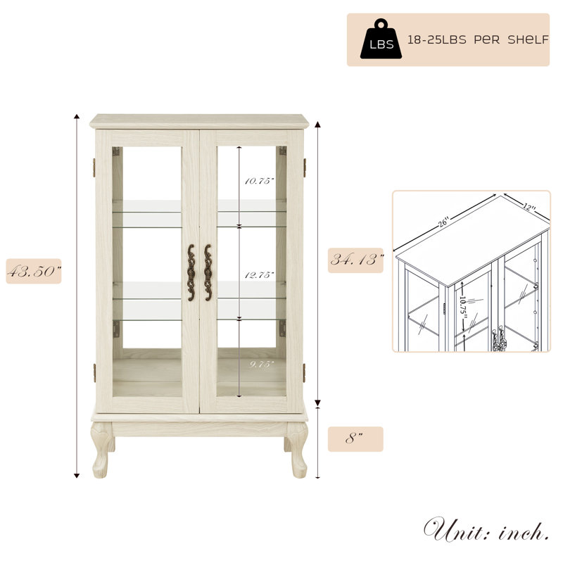  44" Lighted Curio Cabinet, 3-Tier Glass Display Cabinet with Glass Doors & Adjustable Shelves, Acrylic Back Panel, Light Blub Included, Vintage China Cabinet for Living Room, Kitchen
